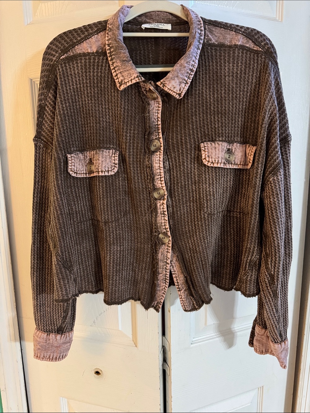 ZENANA BROWN WAFFLE SHORTER SHACKET TOP
